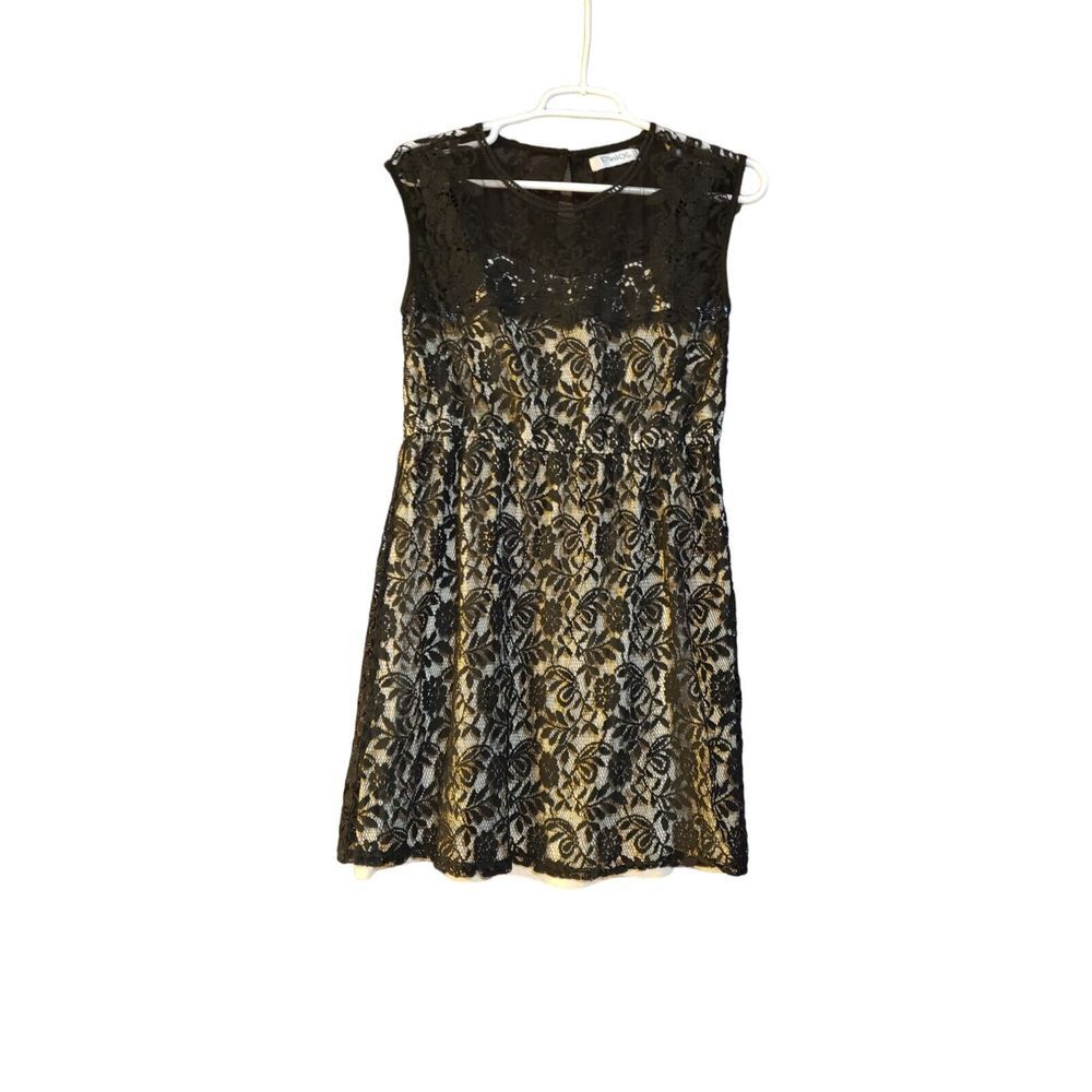 Pinky Ivory Black Lace Crew Neck Sleeveless Mini Fit & Flare Dress‎ Women Size M